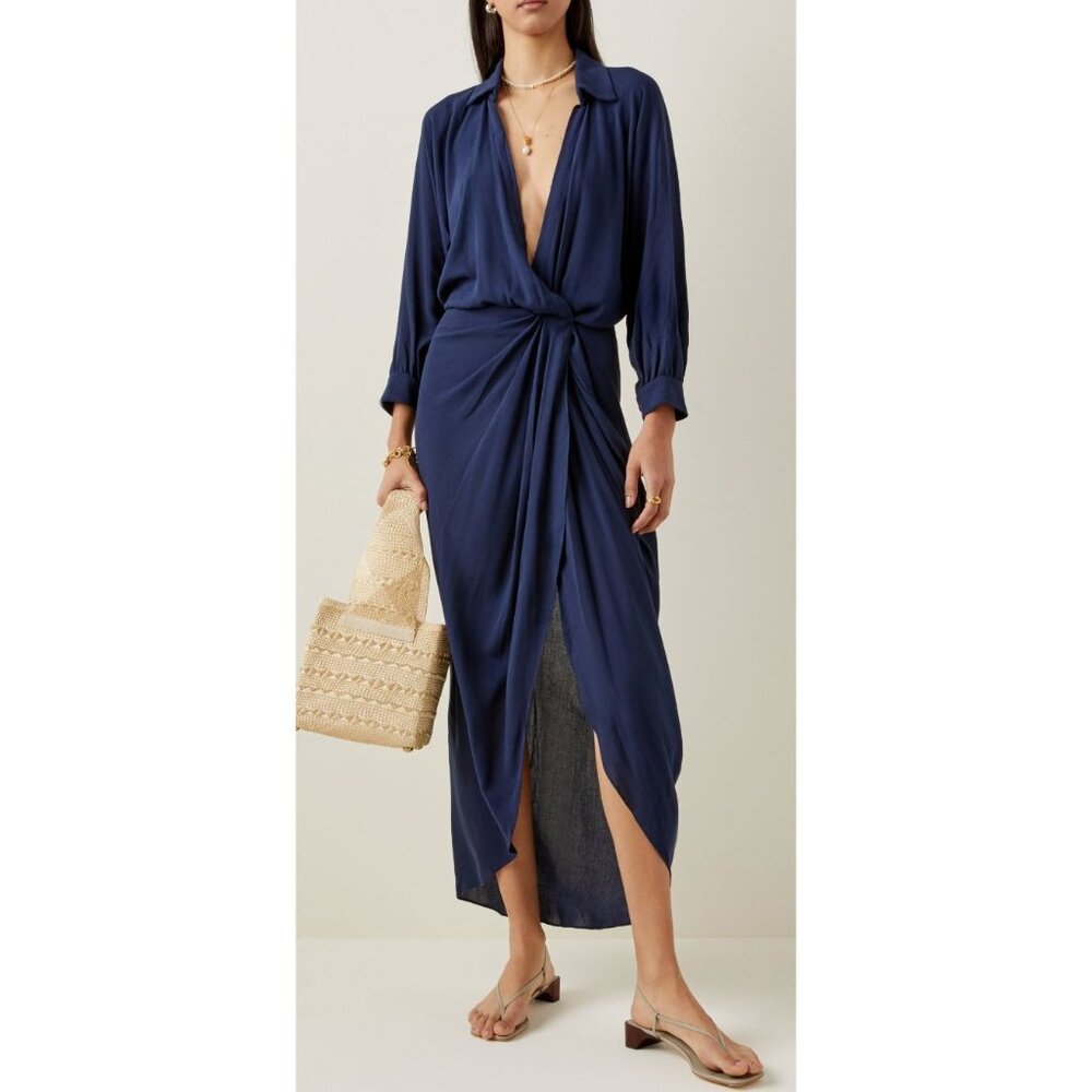 NWT Andres Otalora Orozul Draped Crepe Midi Shirt Dress Navy Blue-sz 4